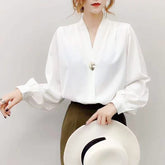 Elegant V Neck Lantern Sleeve Silk Blouse - FashionByTeresa